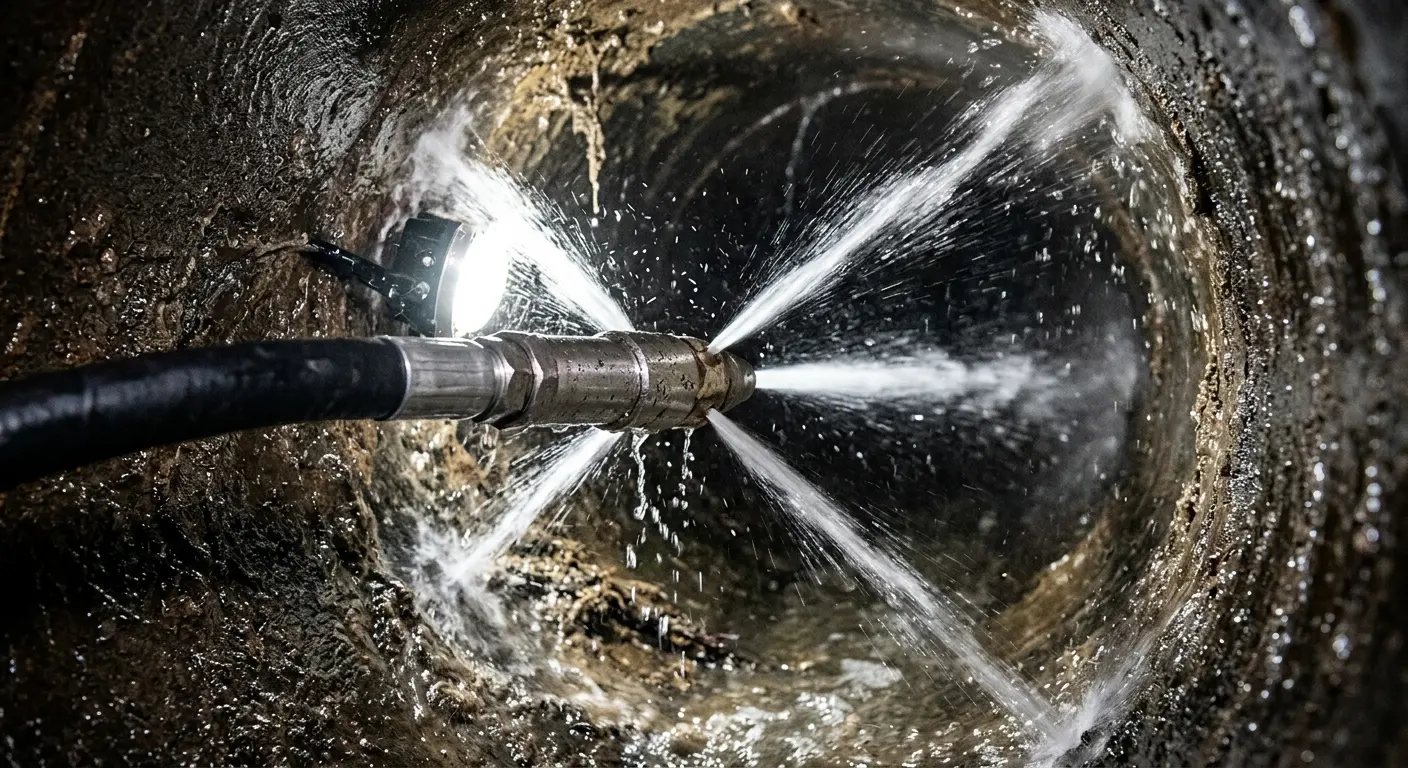High-pressure hydro jetting nozzle cleaning sewer pipe for Storm Drain Cleaning in North Salem