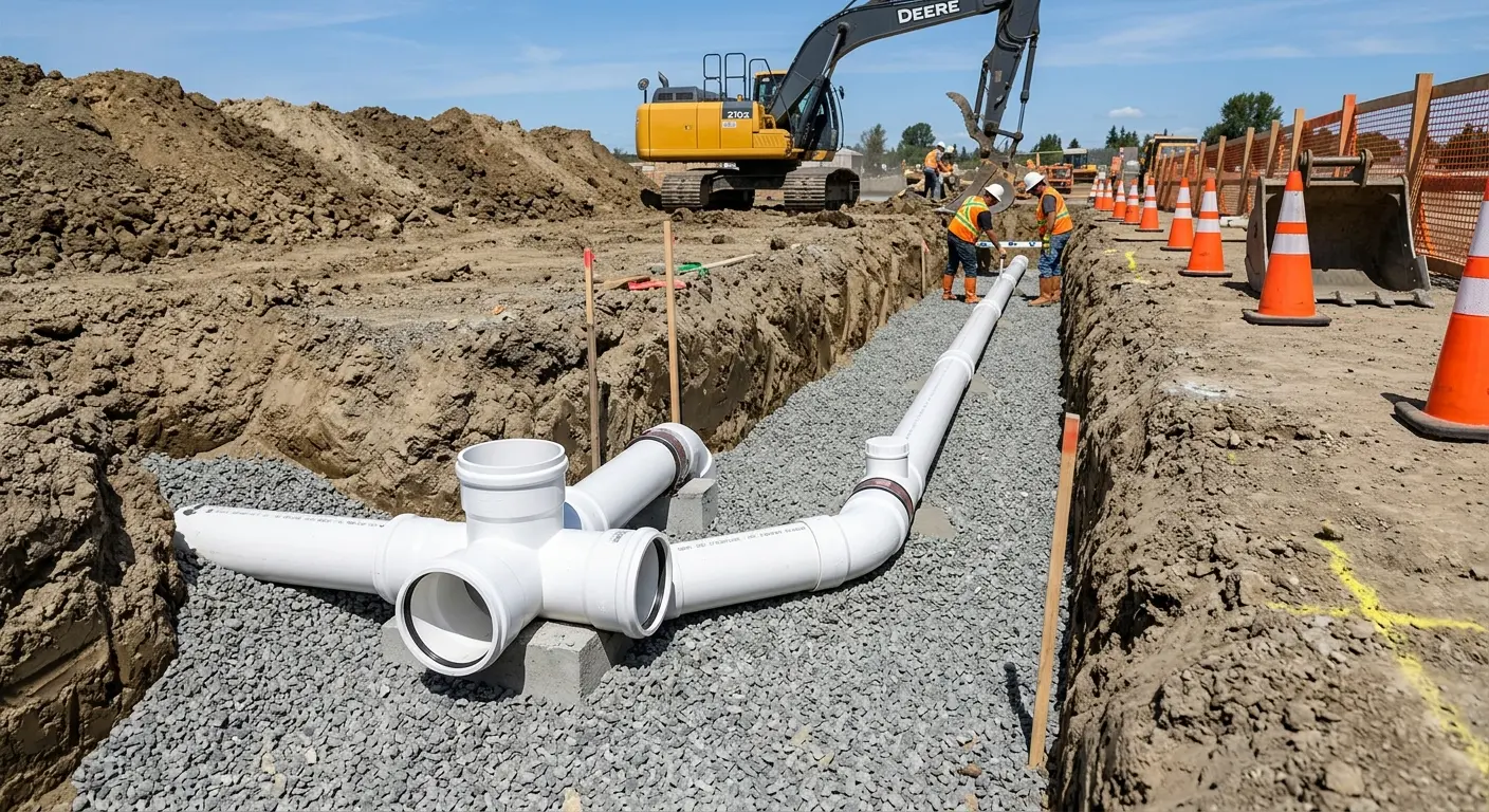 New PVC sewer pipe installation in open trench for Commercial Drain Cleaning in North Salem