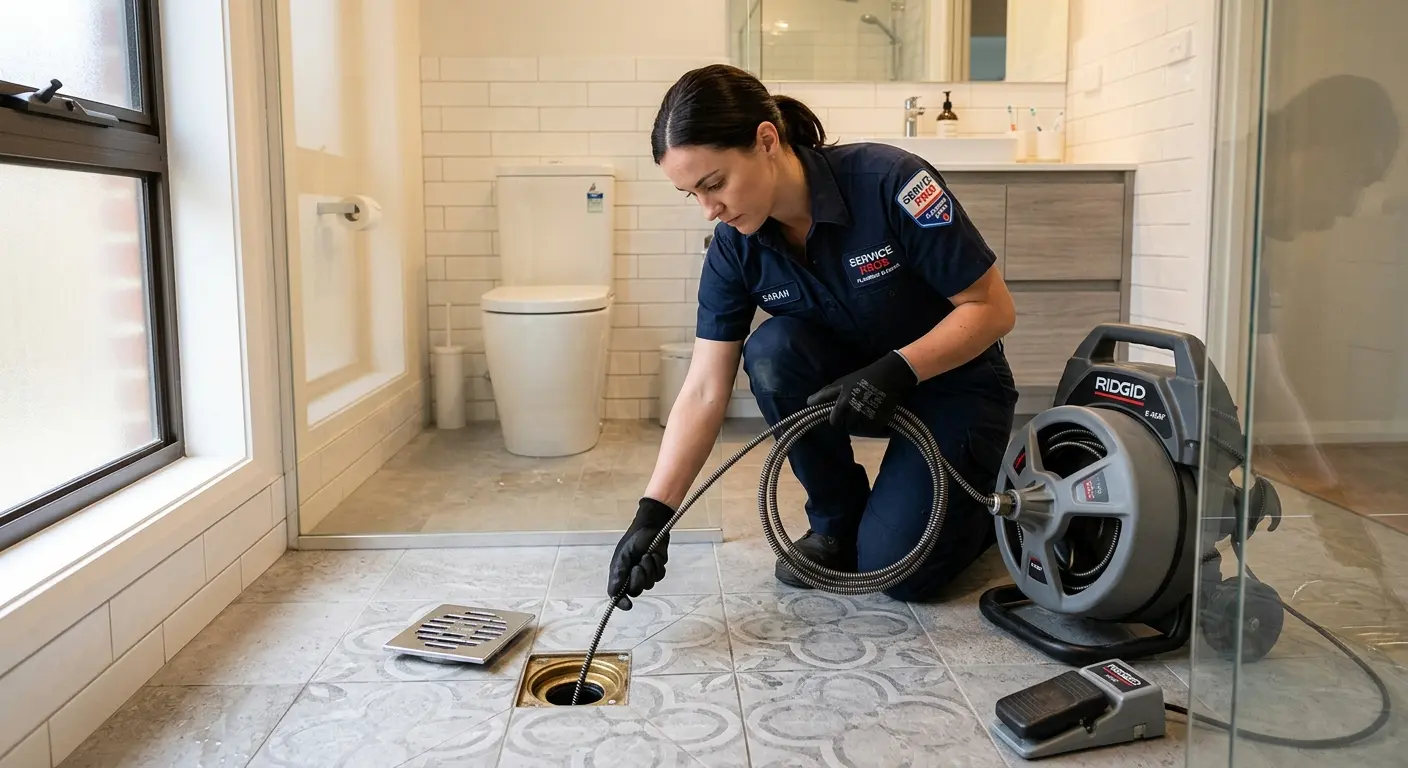 Technician clearing a bathroom floor drain for Drain Cleaning in North Salem